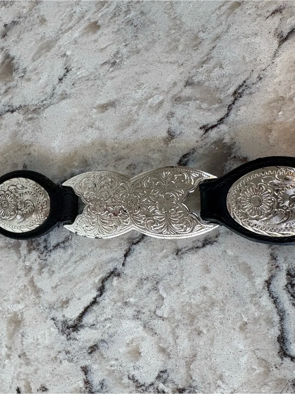 Women's Black Leather Link Belt with Silver-Tone Hardware